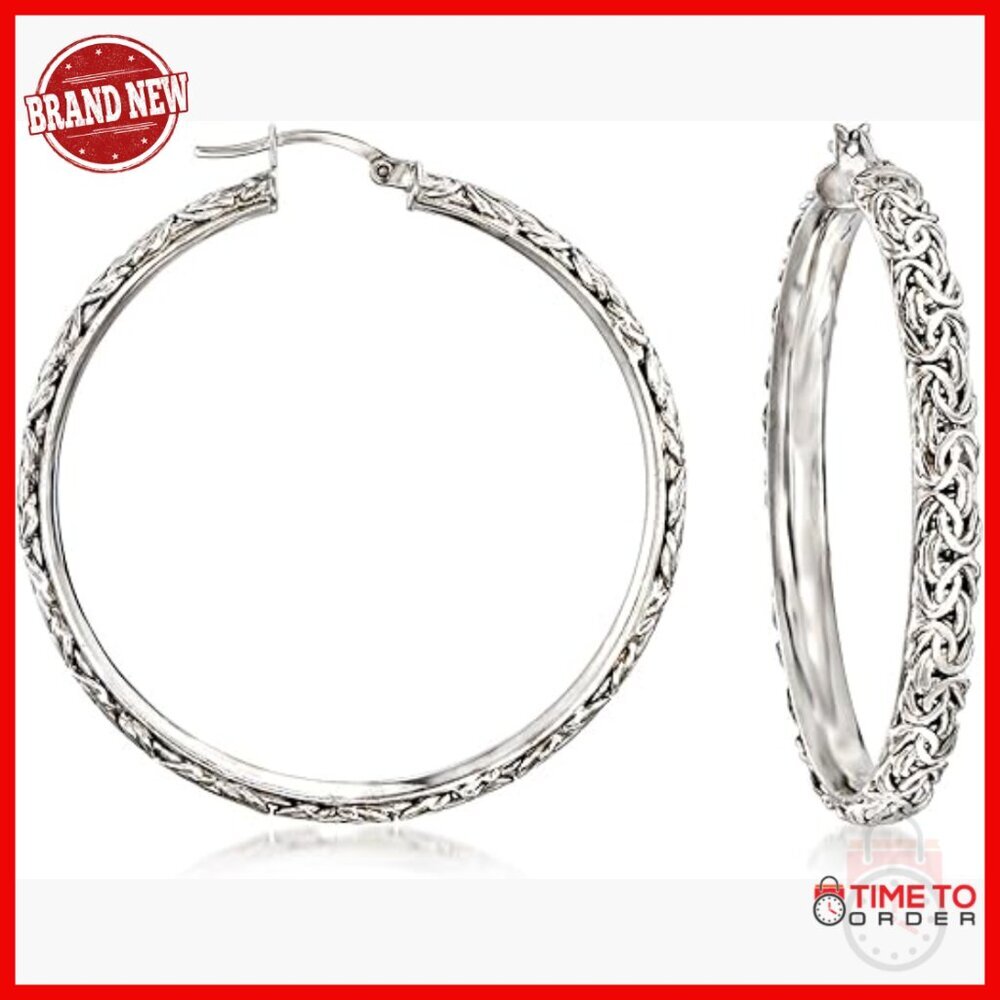 Extra Large Sterling Silver Byzantine Hoop Earrings, Snap-Back